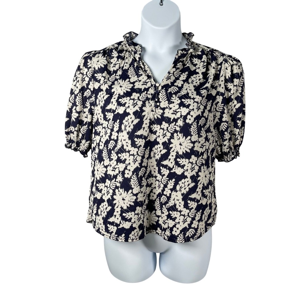 Melloday Blouse Womens Large Navy Floral Print Textured Crepe Ruffle Trim Top